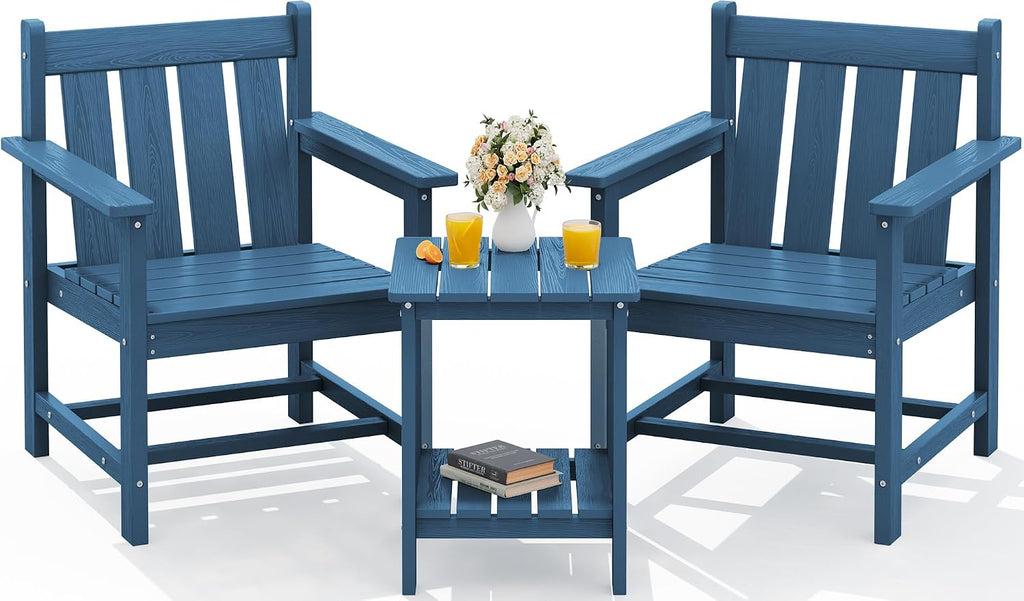 SEWRWALL 3 Pieces Patio Bistro Set, All Weather Adirondack Chair Set with Side Table, HDPE Material Outdoor Patio Furniture Set for Balcony, Porch, Garden, Backyard- Navy