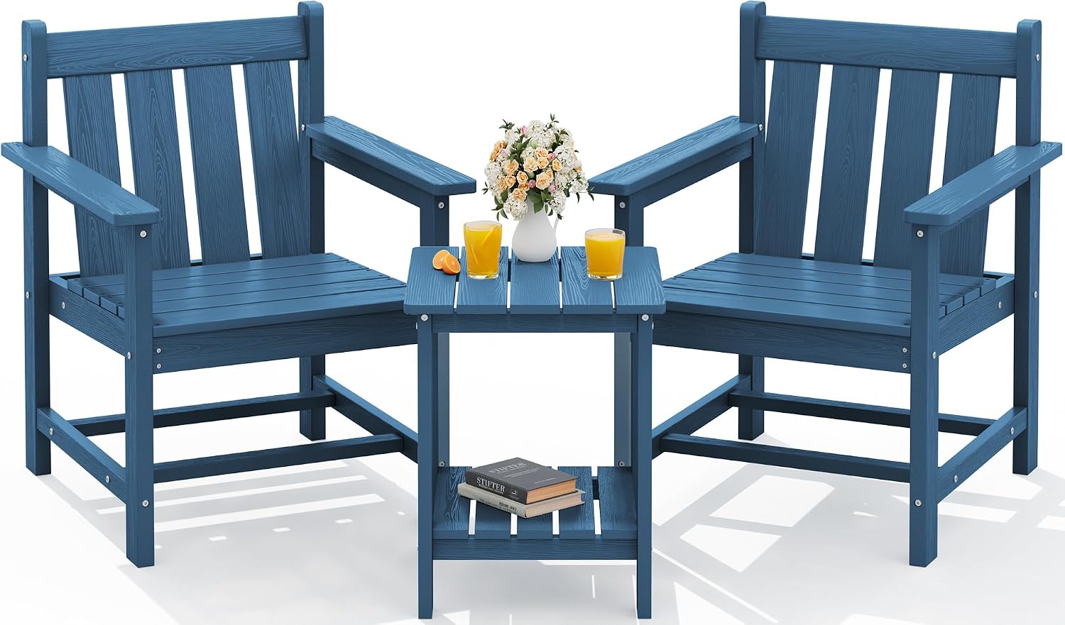 SEWRWALL 3 Pieces Patio Bistro Set, All Weather Adirondack Chair Set with Side Table, HDPE Material Outdoor Patio Furniture Set for Balcony, Porch, Garden, Backyard- Navy