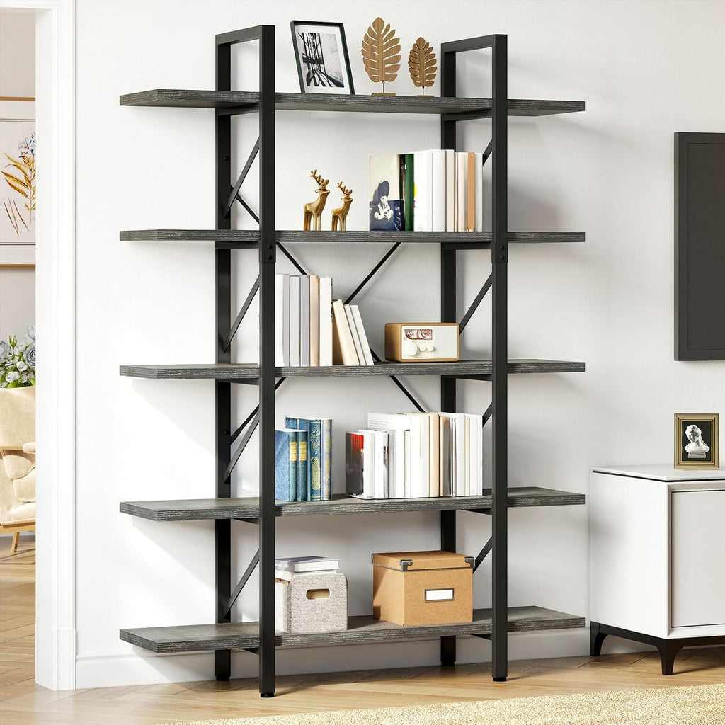 DWVO 5-Tier Bookshelf, 70.9' Tall Bookshelves Vintage BookCases with 5 Shelves Display Storage Shelves for Home Office, Living Room, Charcoal Gray