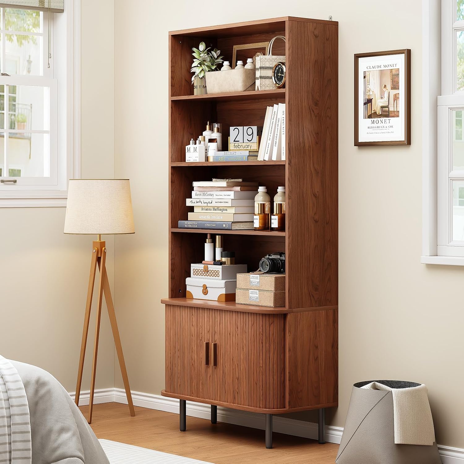 ONBRILL 71' Tall Bookshelf, 4-Tier Bookcase with Storage Cabinet & Adjustable Storage Shelf, Freestanding Wood Bookshelf with Sliding Door and Adjustable Footpad, for Home Office, Living Room, Walnut