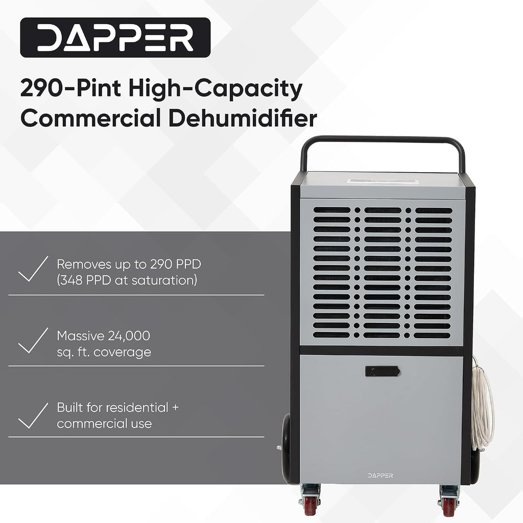 290 Pints Commercial Dehumidifier for Basements & Industrial Spaces – Built-In Pump, Drain Hose, Continuous Operation, 2-Speed Fan, 24000 Sq Ft Coverage