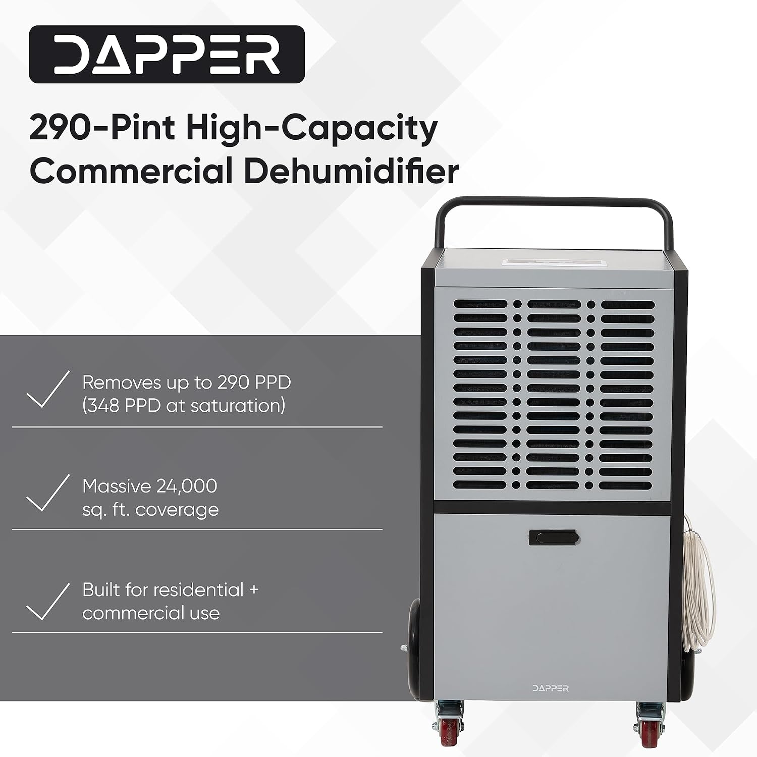 290 Pints Commercial Dehumidifier for Basements & Industrial Spaces – Built-In Pump, Drain Hose, Continuous Operation, 2-Speed Fan, 24000 Sq Ft Coverage