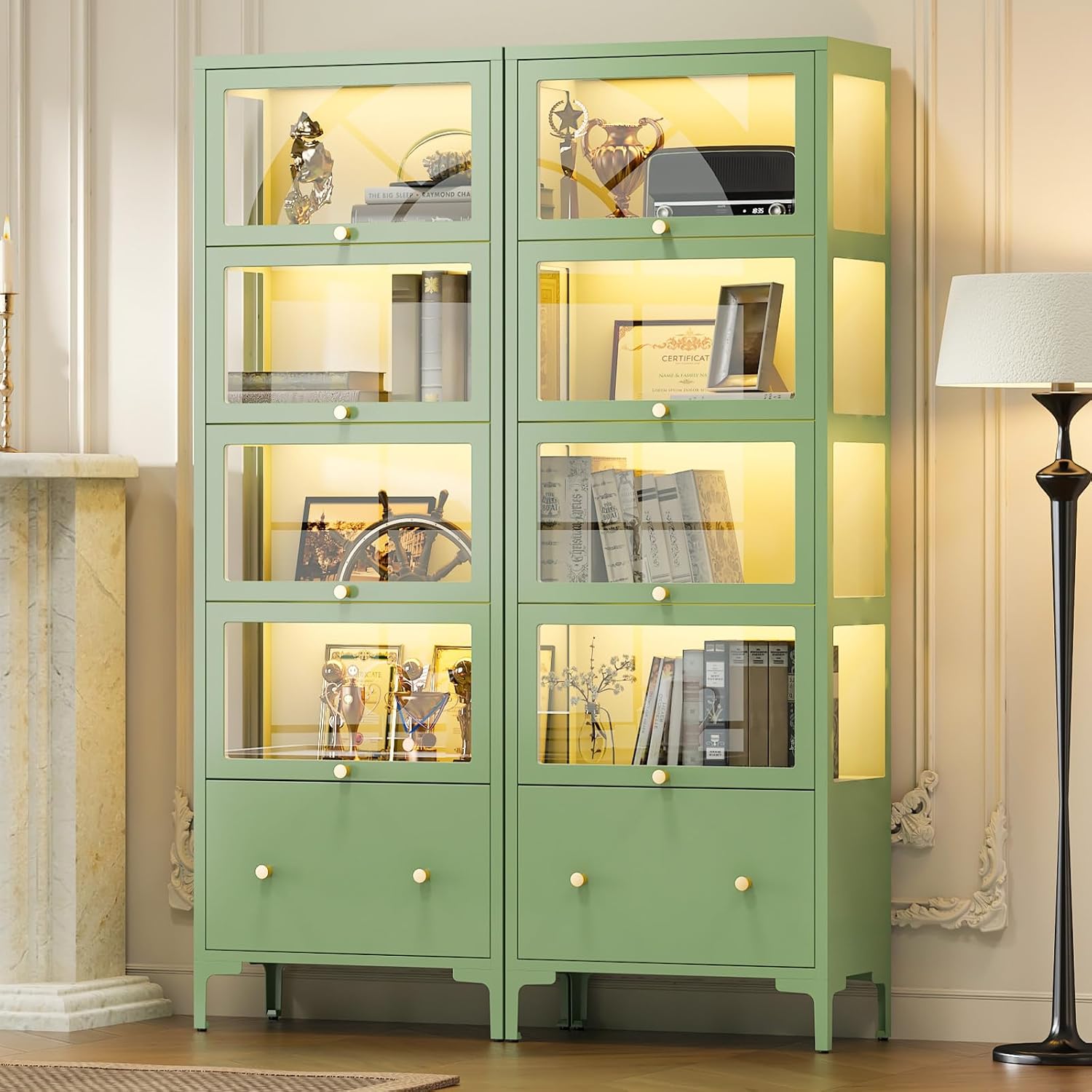 Display Cabinet with Glass Doors, 67' Metal Curio Cabinet with Drawer & 13-Color RGB LED Lights, 5-Tier Glass Display Case for Collectibles, Figure, Toys, Books, Green