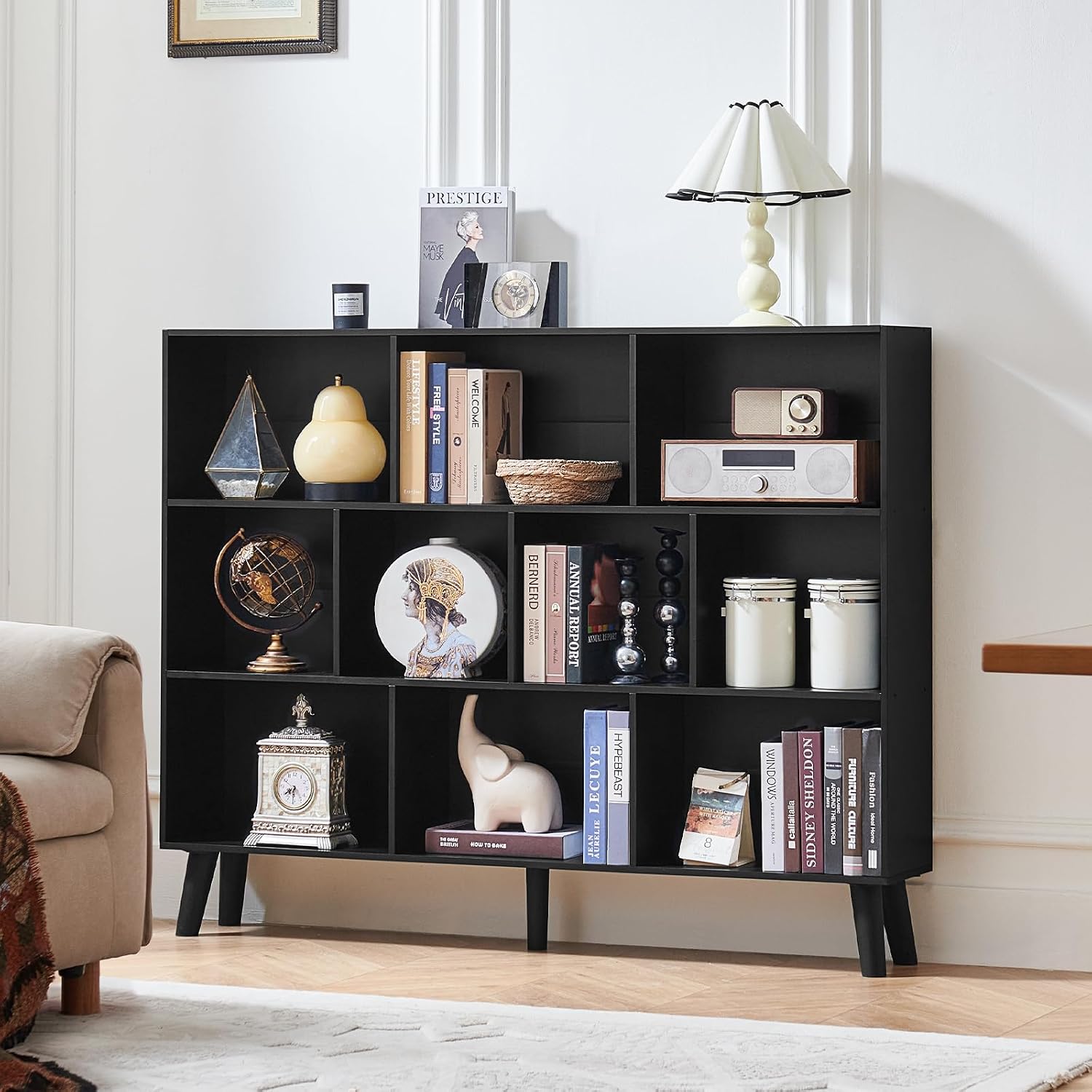 LEYAOYAO 10 Cube Bookshelf, 3 Tier Vintage 55' Wide Bookcase with Legs, Mid-Century Wood Bookshelves Storage, Black Large Book Case, Freestanding Organizer Display Shelf for Living Room, Office