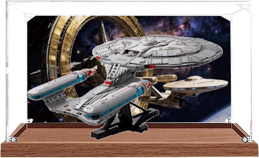 Acrylic Display Case for Giant Lego 10356 Enterprise Blocks Building Model Set,Dust&Moisture Resistant&Decoration, Compatible with Lego 10356 (Case Only) (Wood + Background A)