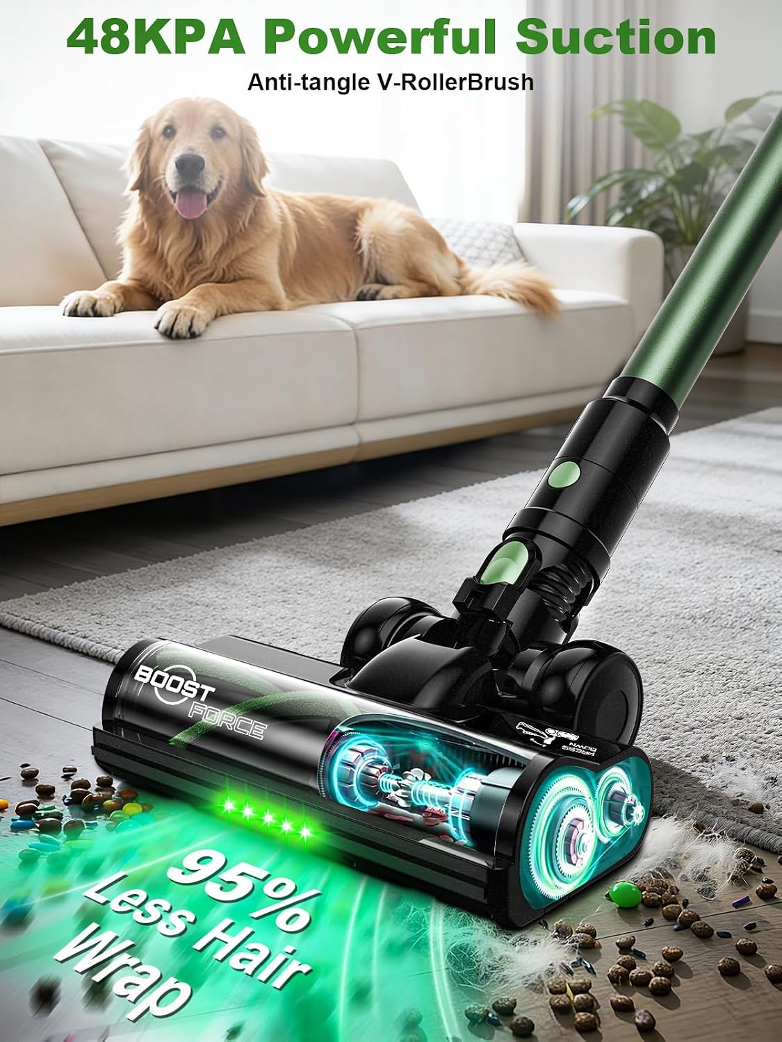 Cordless Vacuum Cleaner, 58Kpa Vacuum Cleaners for Home, 55Mins Stick Vacuum with Self-Standing & LED Display, Anti-Tangle & Wall Mount Charging (Green Black)