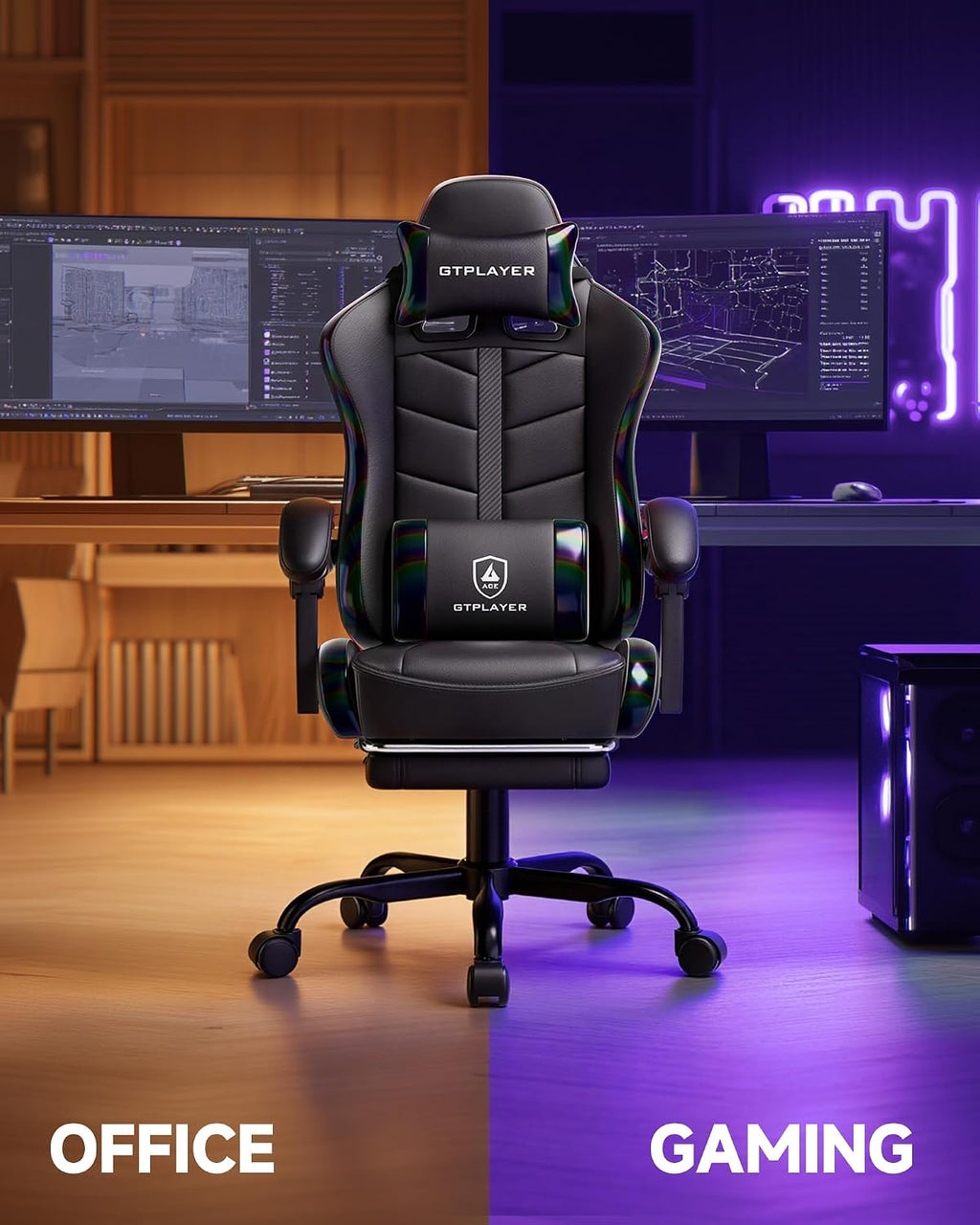GTPLAYER Gaming Chair for Adults, Ergonomic Computer Gaming Chair with Footrest, Height Adjustable, 90-155° Recline & Removable Headrest Lumbar Support, Colorful Black