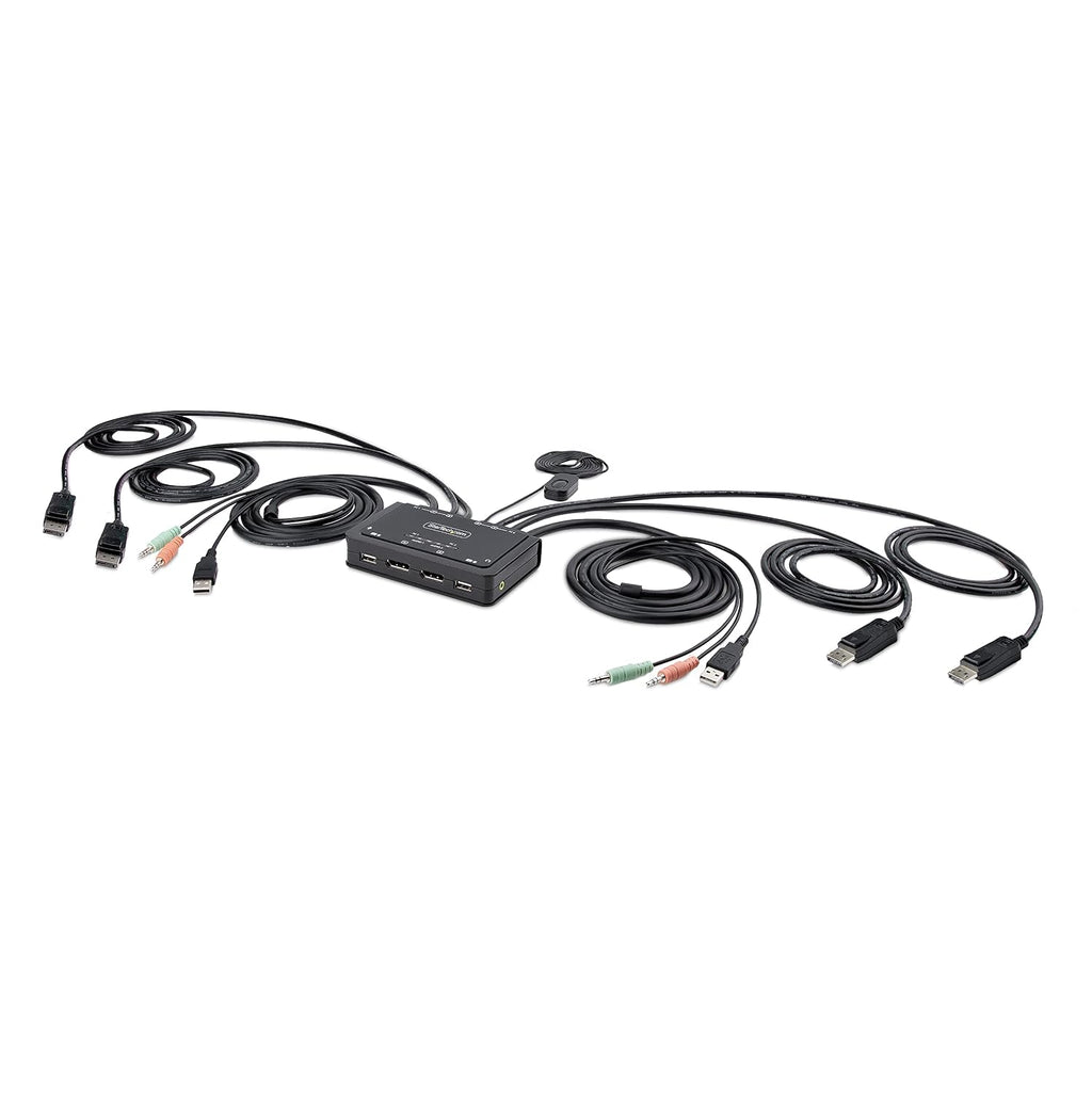StarTech.com 2-Port Dual-Monitor DisplayPort Cable KVM Switch, 4K 60Hz, Compact KVM with 5ft/1.5m USB-A/DisplayPort/Audio Integrated Cables, Bus Powered, Remote/Hotkey Switching (C2-DD46-UA2-CBL-KVM)