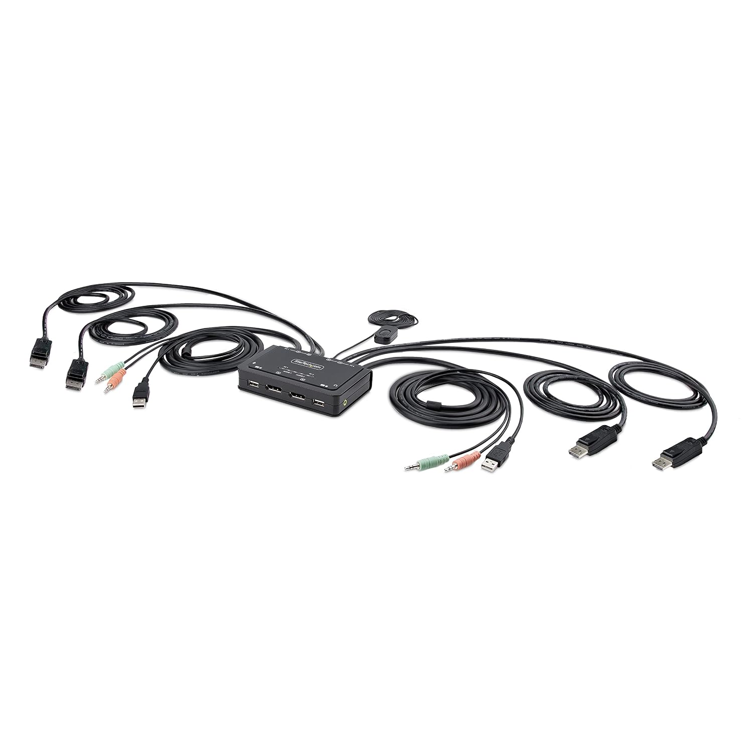 StarTech.com 2-Port Dual-Monitor DisplayPort Cable KVM Switch, 4K 60Hz, Compact KVM with 5ft/1.5m USB-A/DisplayPort/Audio Integrated Cables, Bus Powered, Remote/Hotkey Switching (C2-DD46-UA2-CBL-KVM)