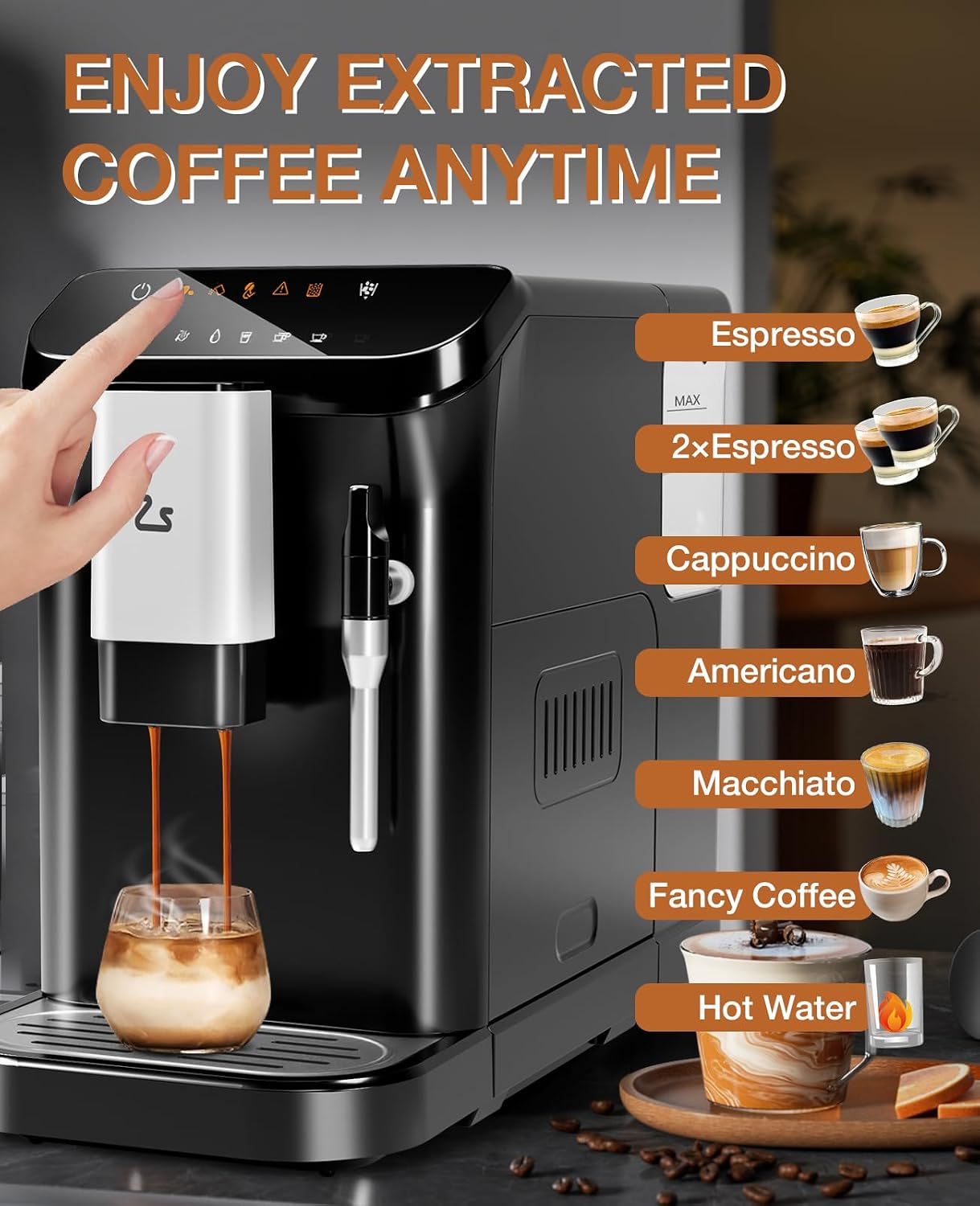 Fully Automatic Coffee Machine, 20 Bar Professional Espresso Machine with Grinder & Milk Frother, 1-15 Adjustable Grind Size Levels, 1.5L Water Tank, Cappuccino & Latte Machine for Home