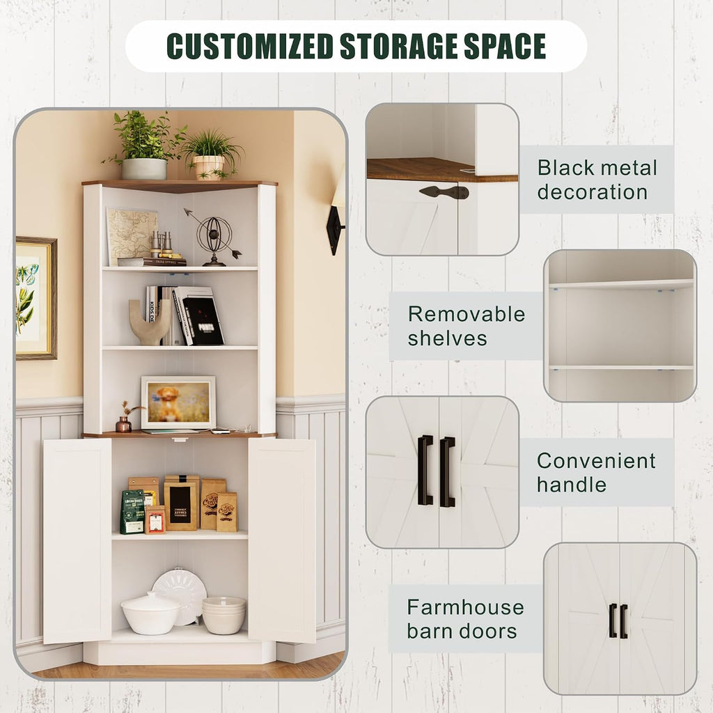 TAGELIER Farmhouse Corner Cabinet with LED Light, 67' Tall Bathroom Cabinet with 2 Doors and 3 Tier Shelves, Free Standing Corner Storage Cabinet for Living Room or Kitchen, White