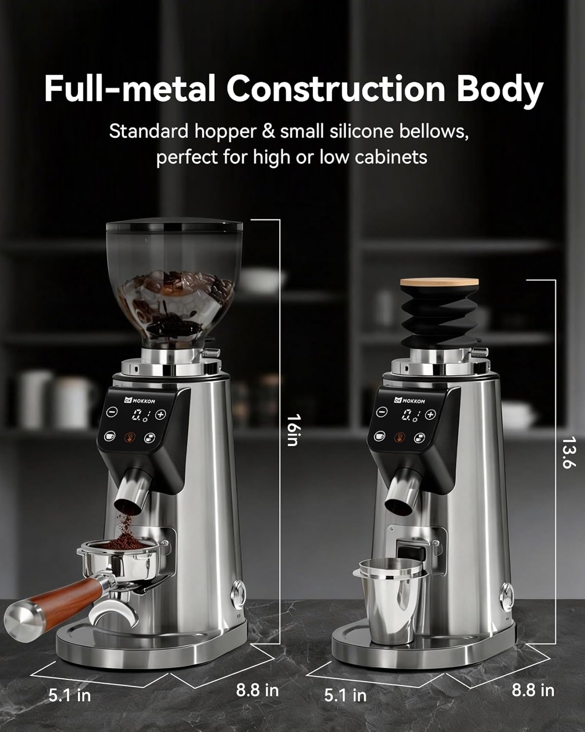 MOKKOM Professional 64mm Flat Burr Coffee Grinder with 100 Grind Settings, All-Metal Stainless Steel Body, Coffee Bean Grinder with Adjustable Electronic Timer, Anti-Static, LED Display