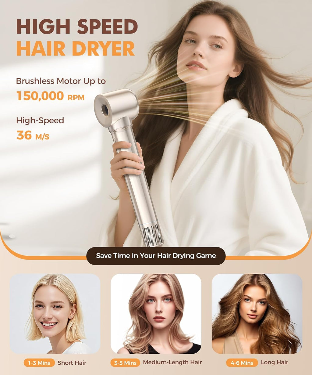 Cosy Companions 6 in-1 Hair Dryer Brush, 150,000 RPM High-Speed Negative Ionic, Blow Dryer Brush for Fast Drying, Hot Air Brush for Curling/Volumizing/Straightening with Travel Bag, Gold
