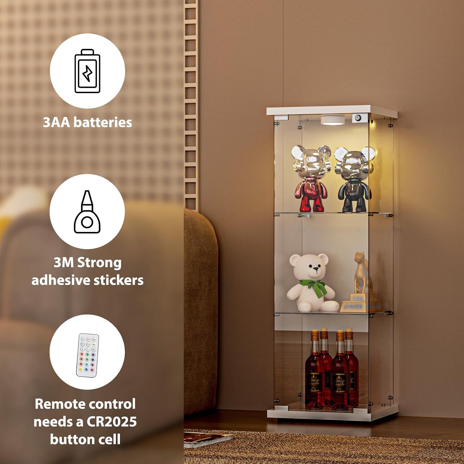 FANYUSHOW 3-Shelf Glass Display Cabinet with LED Light, Upgraded Quick-Install Style Curio Cabinets 5mm Tempered Glass Bookshelf for Bedroom, Living Room 49.1'x 16.7'x 14.3' White