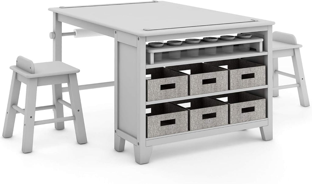 Martha Stewart Kids' Art Table and Stools Set - Gray: Wooden Kids' Activity Table and Chairs Set w/Storage, Bins Paper Roll for Coloring & Craft Activities | Study & Play Desk for Playroom Furniture