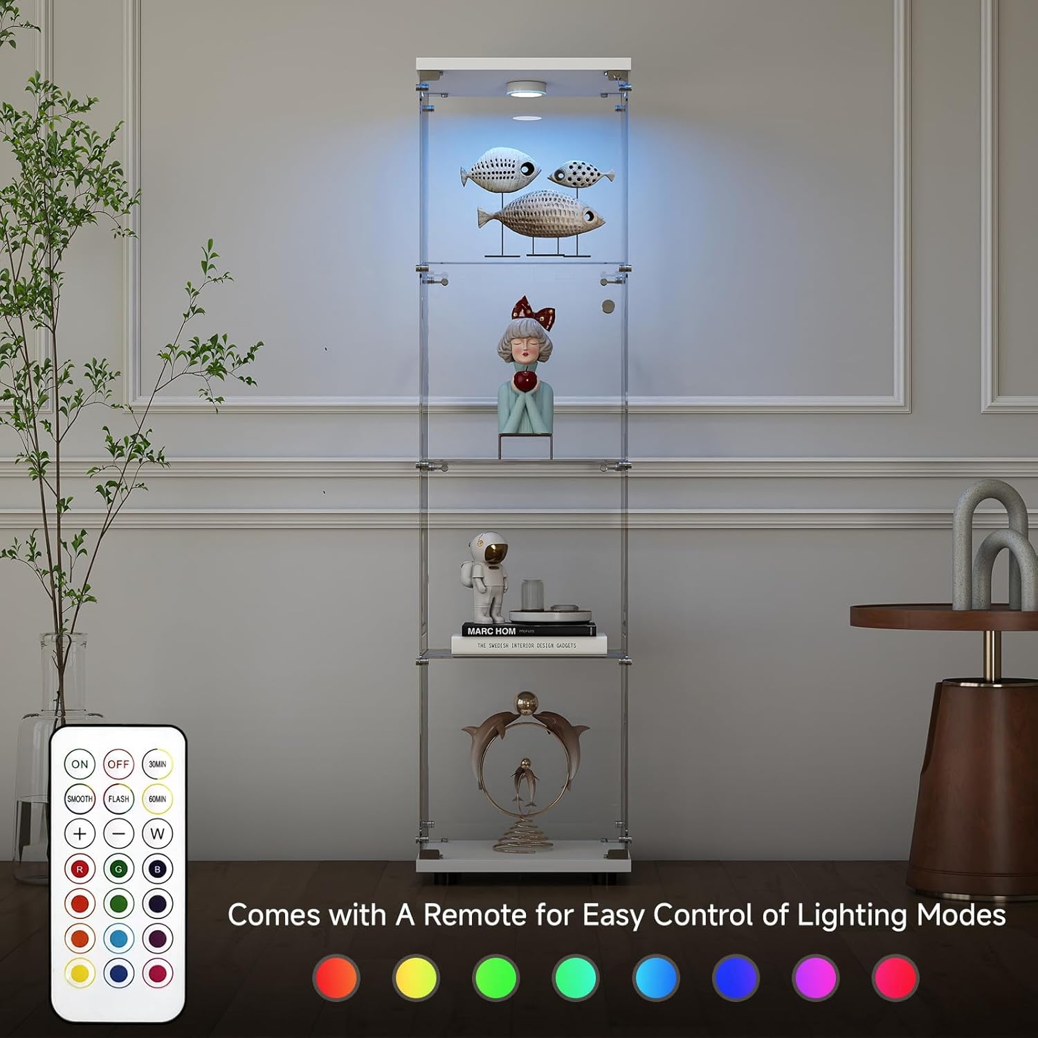 Zevemomo Tempered Glass Display Cabinet with Lights, 4-Tier Curio Cabinet with Glass Doors and Lock, Glass Display Case for Collectibles, for Living Room, Bedroom, Office, White, Single Door