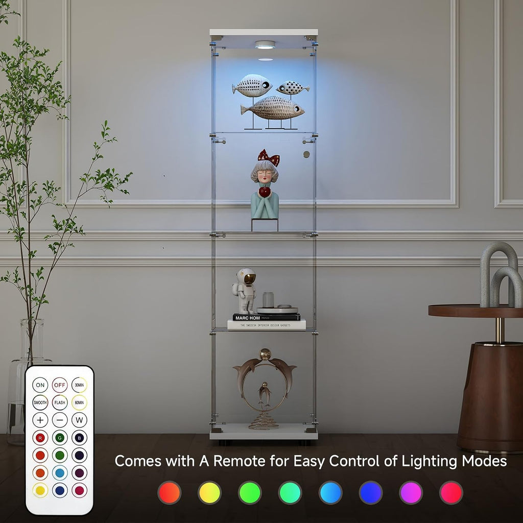 Zevemomo Tempered Glass Display Cabinet with Lights, 4-Tier Curio Cabinet with Glass Doors and Lock, Glass Display Case for Collectibles, for Living Room, Office, Bedroom, Single Door, White