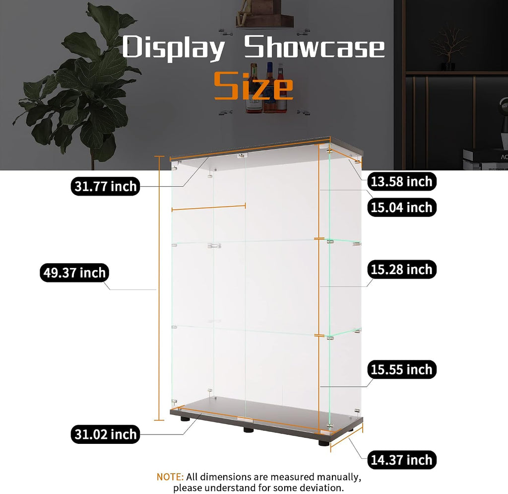 Beauty4U 2 Doors Glass Display Cabinet with 3 Shelves, Curio Cabinets for Living Room, Bedroom, Office, Black Floor Standing Glass Bookshelf, Quick Installation