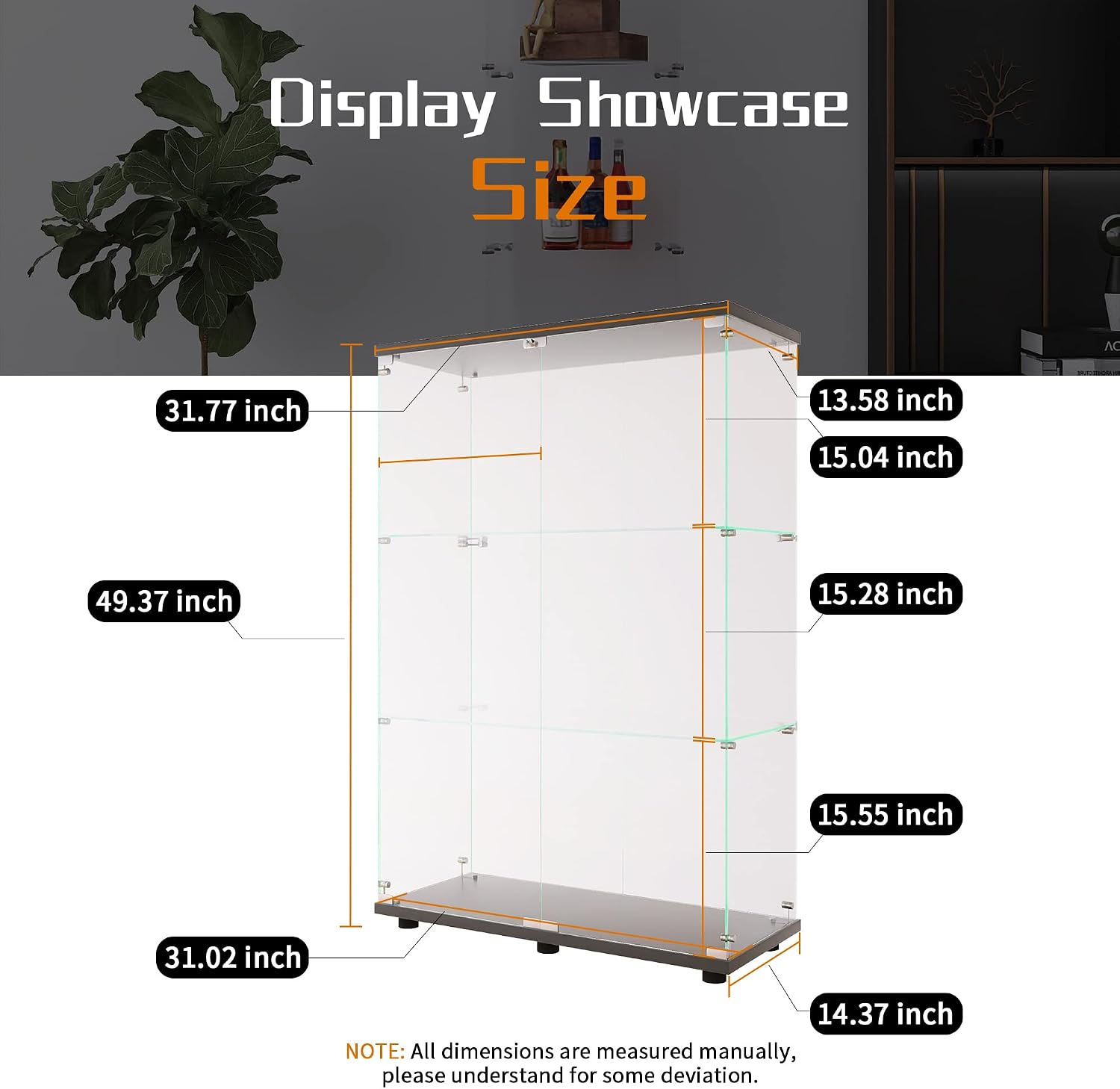 Beauty4U 2 Doors Glass Display Cabinet with 3 Shelves, Curio Cabinets for Living Room, Bedroom, Office, Black Floor Standing Glass Bookshelf, Quick Installation