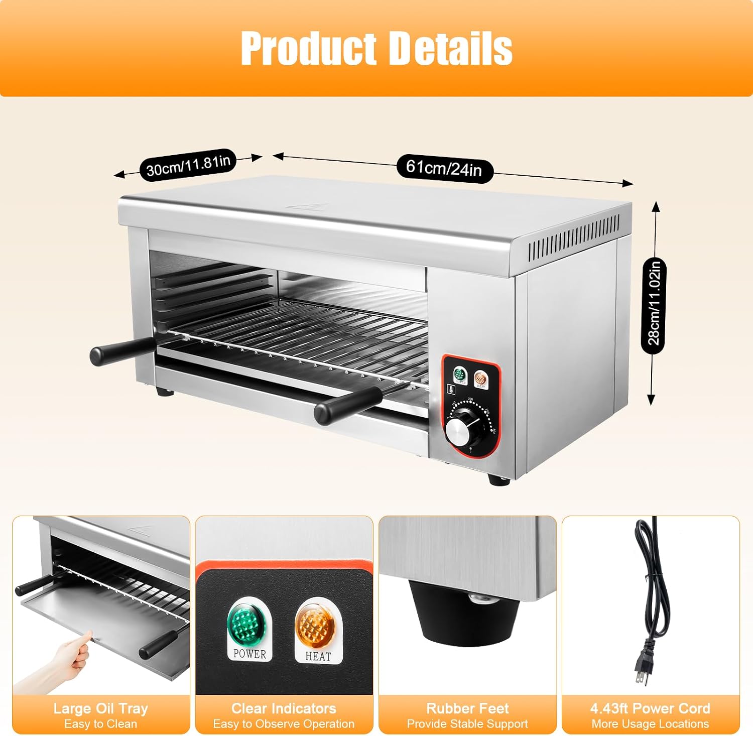 Electric Cheese Melter Grill, 1500W Commercial Salamander Broiler Countertop Grill, Stainless Steel Cheese Melter Machine For Melt Cheese, Grill Steaks, Toast Sandwiches