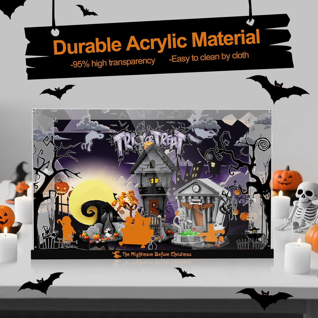 Display Case for 21351 Lego Disney Tim Burton's The Nightmare Before Christmas Building Set - Acrylic Box with Crystal Nut Design & Printed Background (Case Only, Model Not Included)