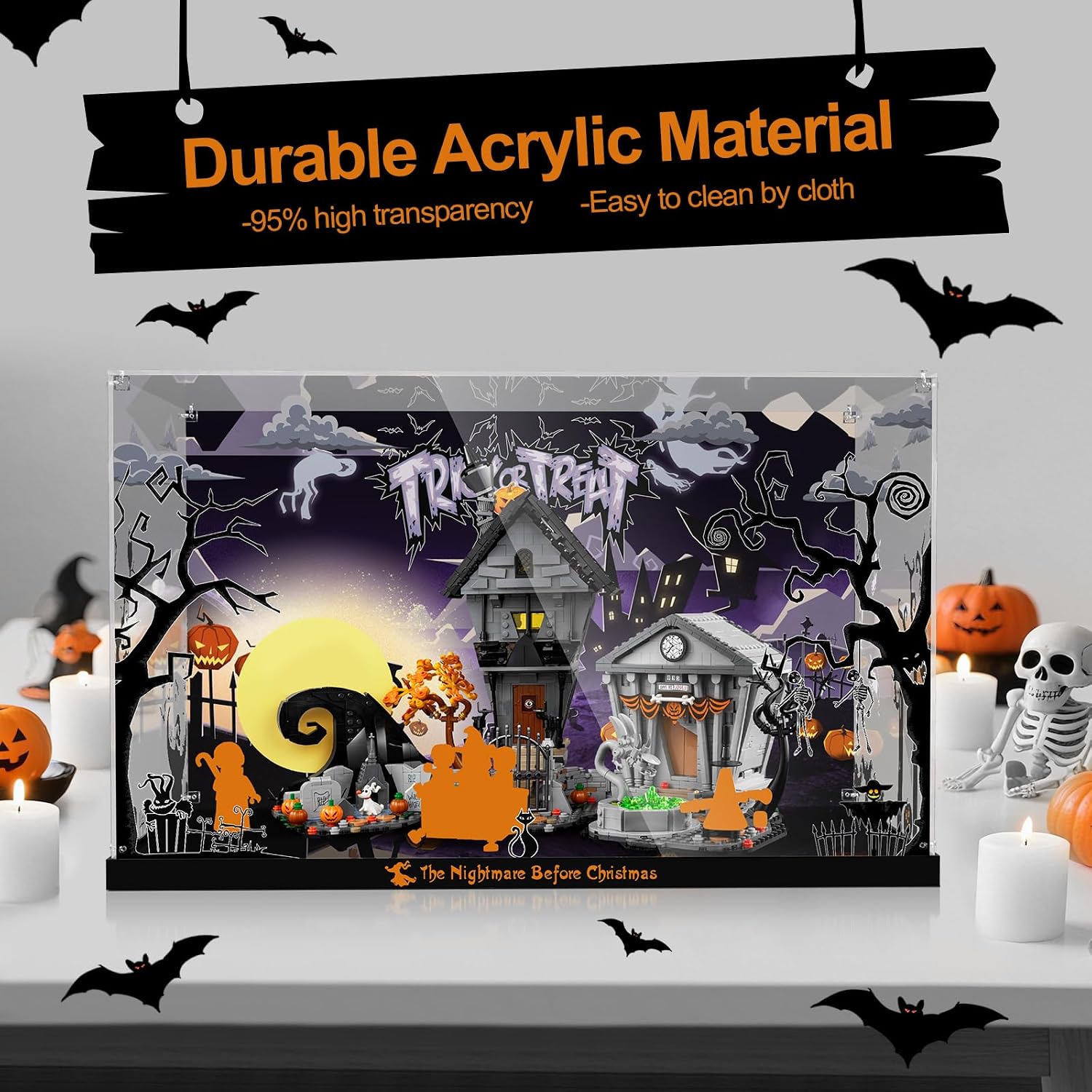 Display Case for 21351 Lego Disney Tim Burton's The Nightmare Before Christmas Building Set - Acrylic Box with Crystal Nut Design & Printed Background (Case Only, Model Not Included)
