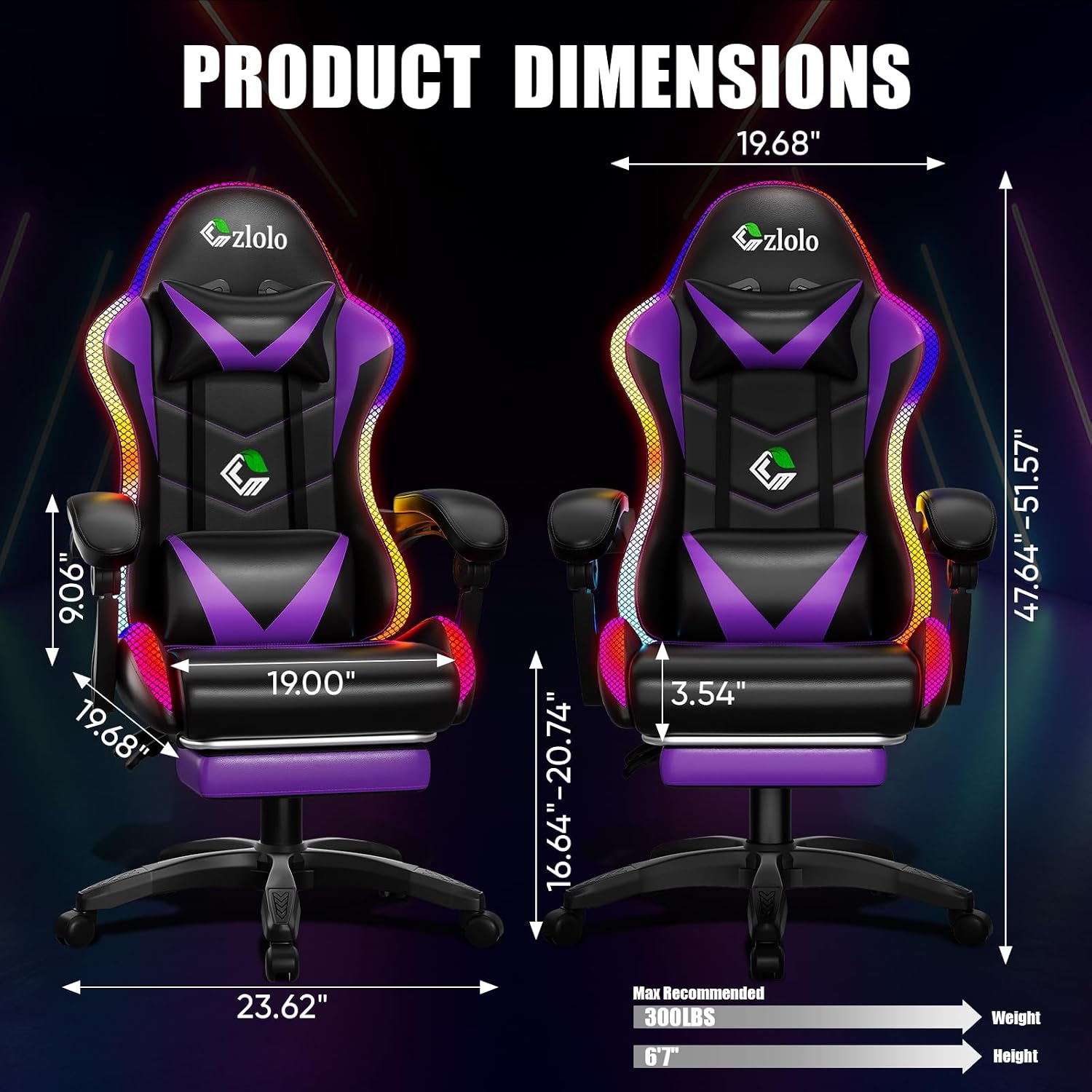 Czlolo RGB LED Lights Gaming Chair with Footrest for Adults and Kids, Lumbar Support Massager Video Game Chair, High Back Reclining Gamer Chair with Headrest, Swivel Office Computer Desk Chair(Purple)