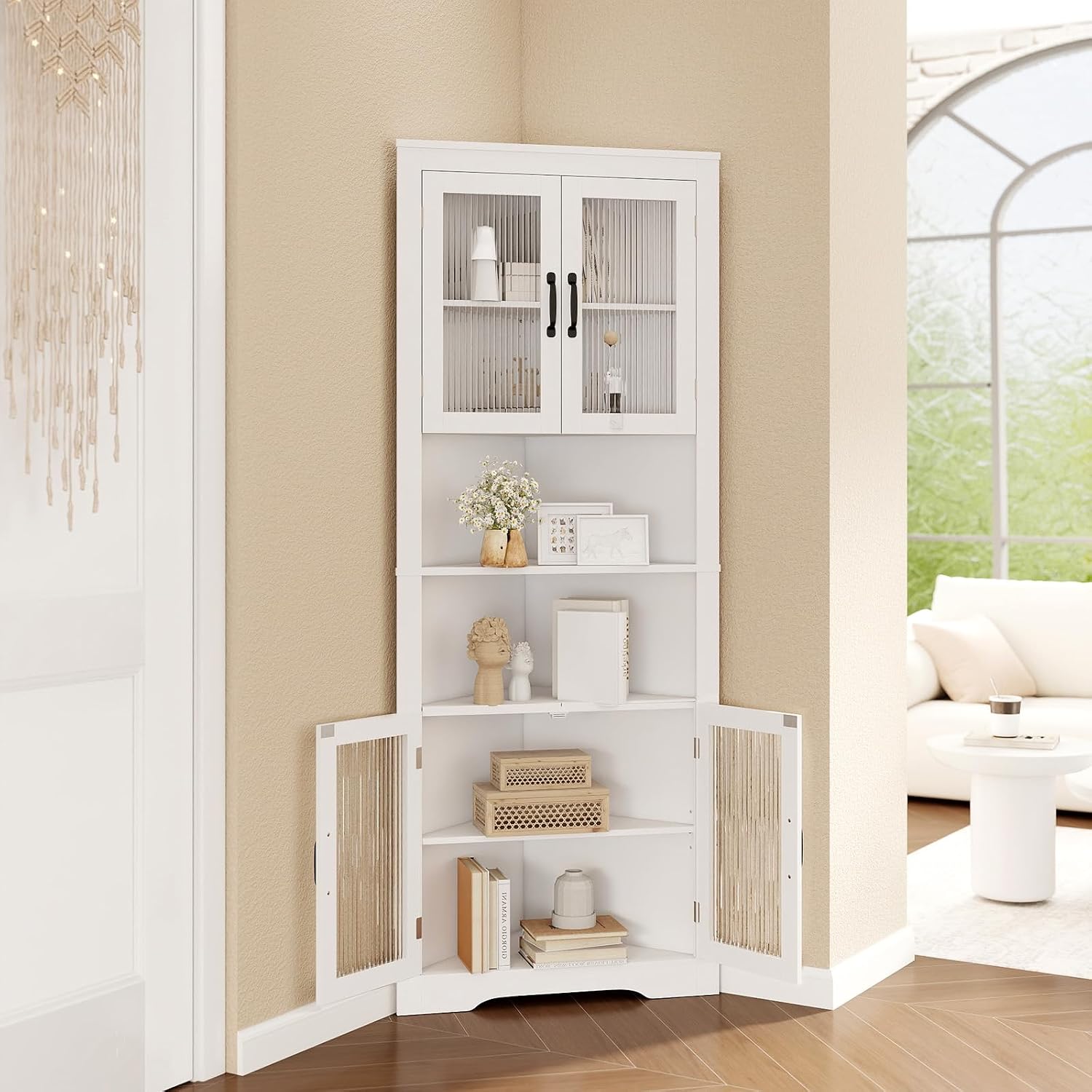 Giantex 67' Tall Corner Cabinet, Space-Saving Triangular Storage Cabinet w/ 4 Tempered Glass Doors, Adjustable Shelves, Freestanding Corner Shelf for Bathroom, Kitchen, Living Room (White)