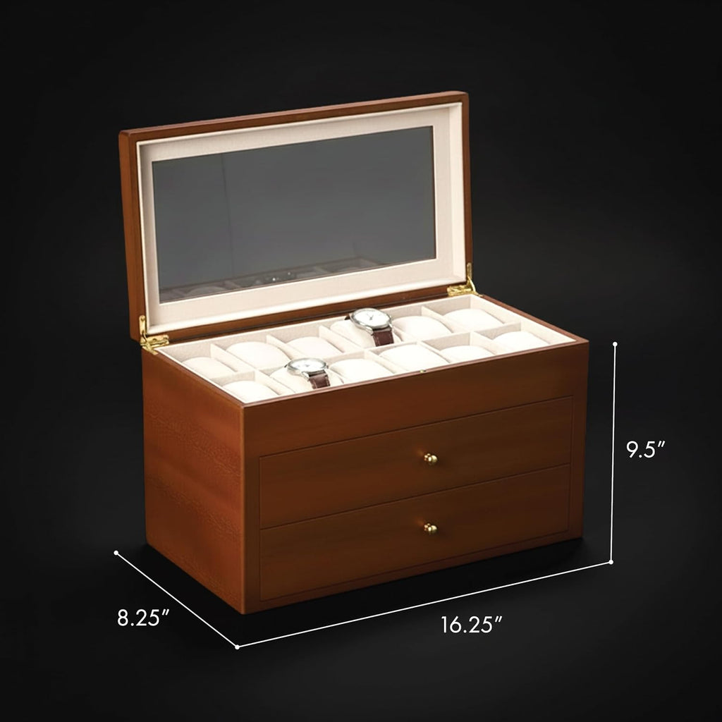 Bey-Berk Duke Cherry Wood Watch Box – 36 Slot Organizer with Glass Top, 2 Drawers & Velour Lining for Storage