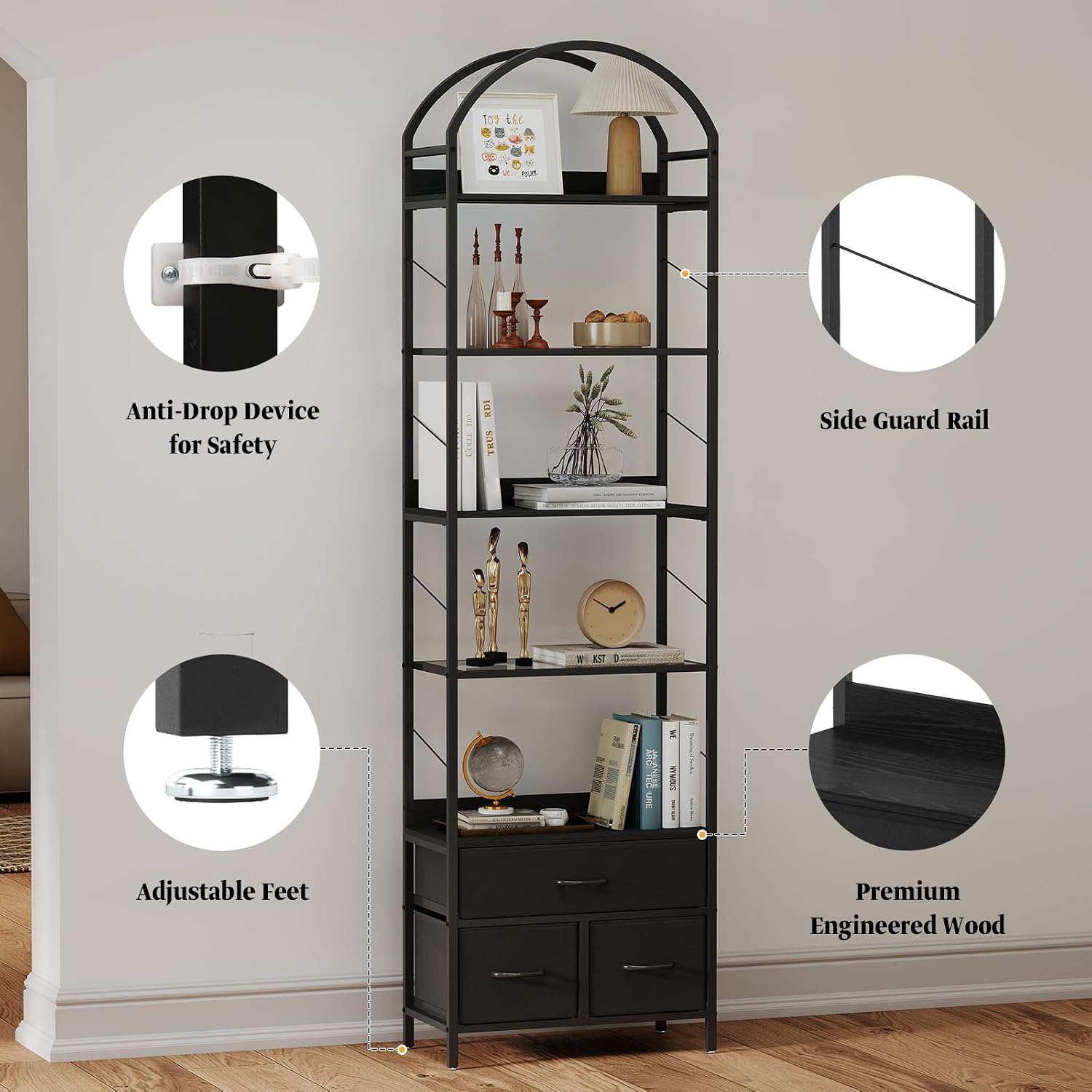 Turosur 83.4' Tall Narrow Bookshelf with 3 Drawers, Arched Bookcase with LED Lignts, 6-Tier Open Bookshelf with Metal Frame, Black