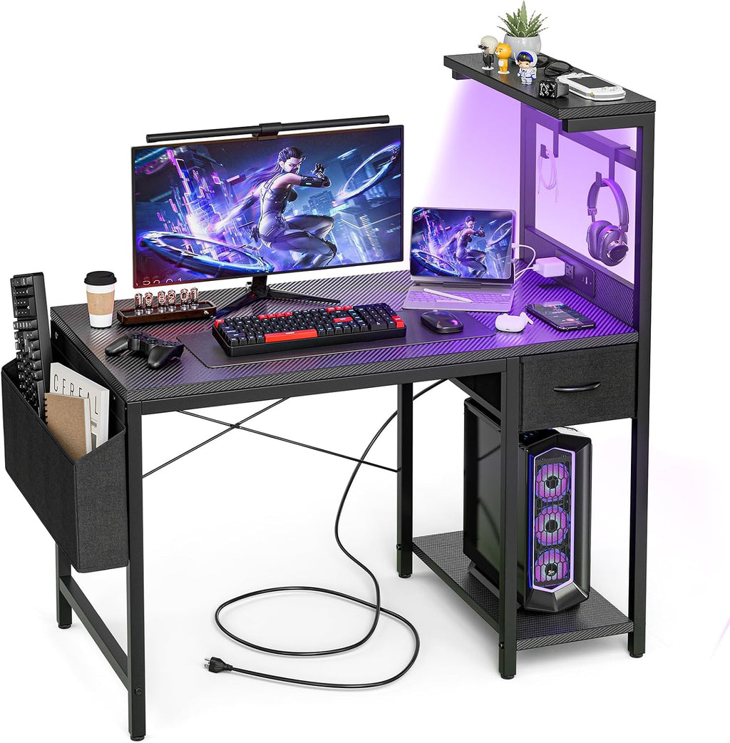 Grandder Gaming Desk 55 Inch with Power Outlet and LED Light, Computer Desk with Reversible Shelves and Storage Drawer, Pc Small Table for Home Office Table with Bag, Carbon Fiber Black