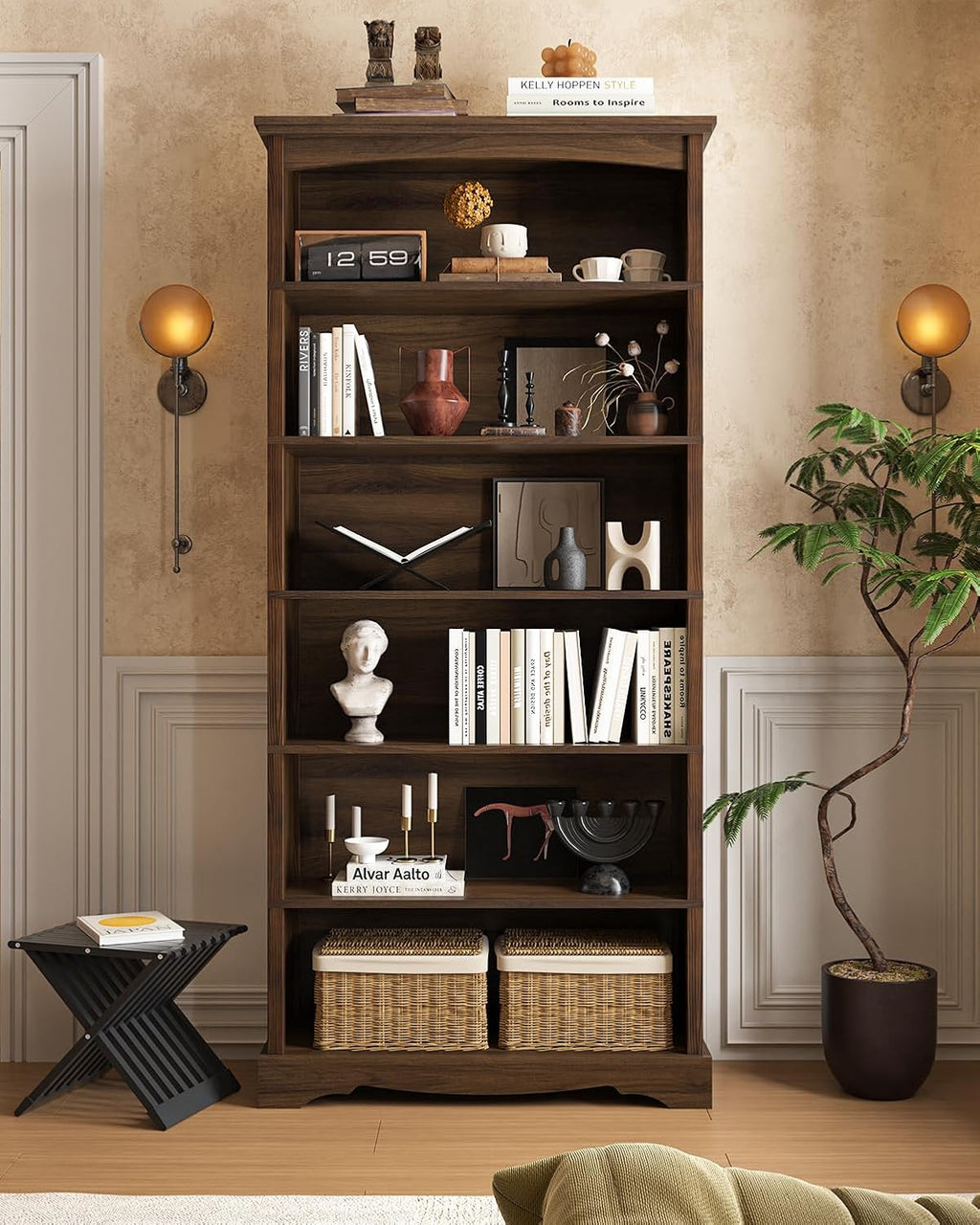 TVU 6-Tier Wooden Bookshelf, 76 Inch Tall Bookshelf with Storage, Floor Standing Modern Style Display Bookcase for Living Room, Office, Study Room, Entryway, Brown