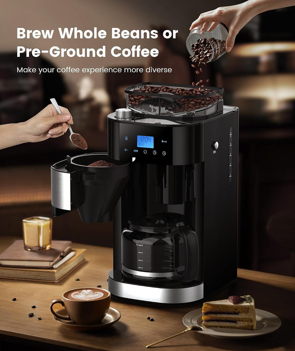 COWSAR 10-Cup Drip Coffee Maker with Built-In Grinder, 24-Hour Programmable, Adjustable Grind & Brew, Keep Warm Plate, 50oz Water Reservoir, Ideal for Home & Office - Black - Commercial Performance
