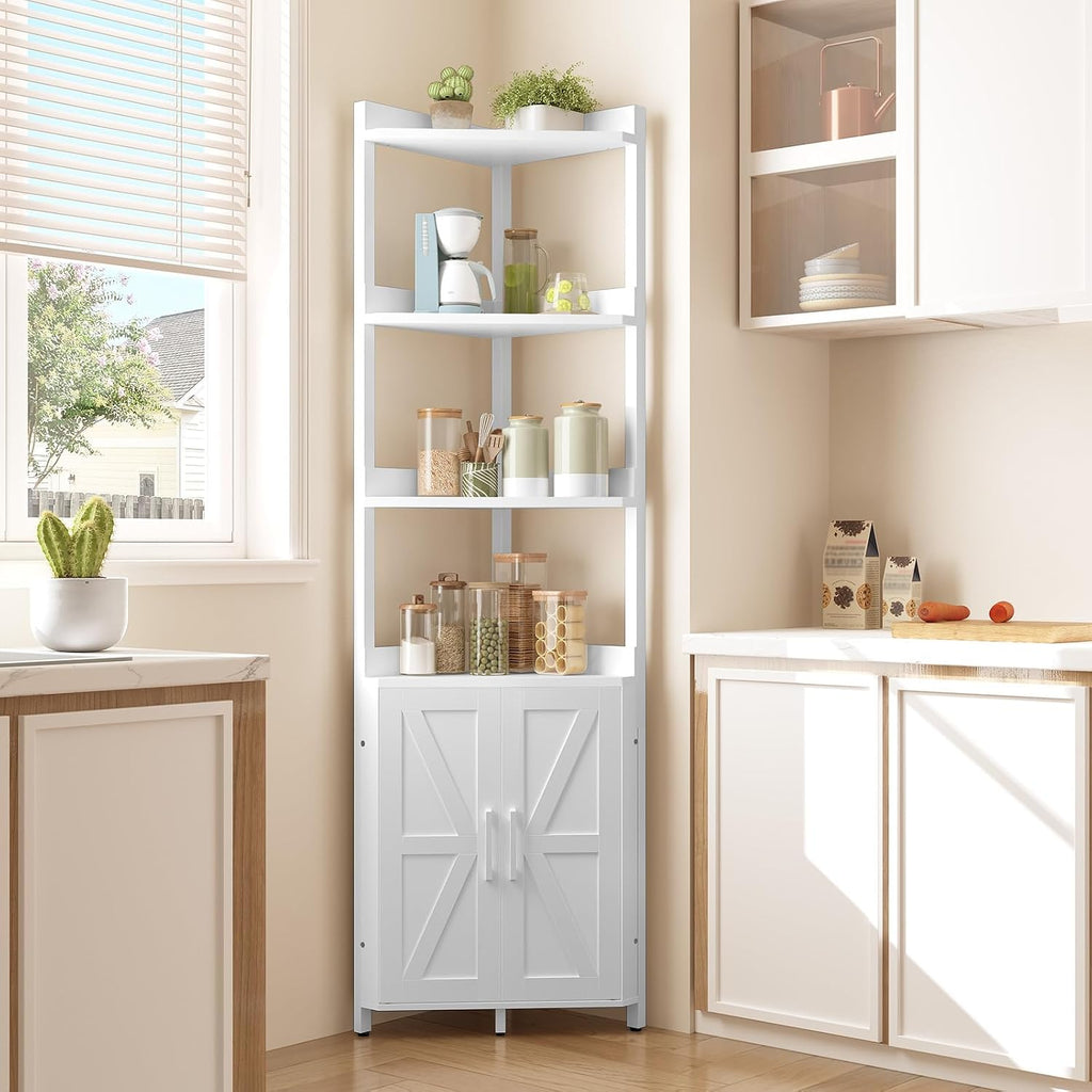 HOOBRO Corner Shelf with Storage, Tall Corner Cabinet, 5-Tier Bookshelf Stand, Storage Cabinet with Protective Fence, for Living Room, White WW78CJ01
