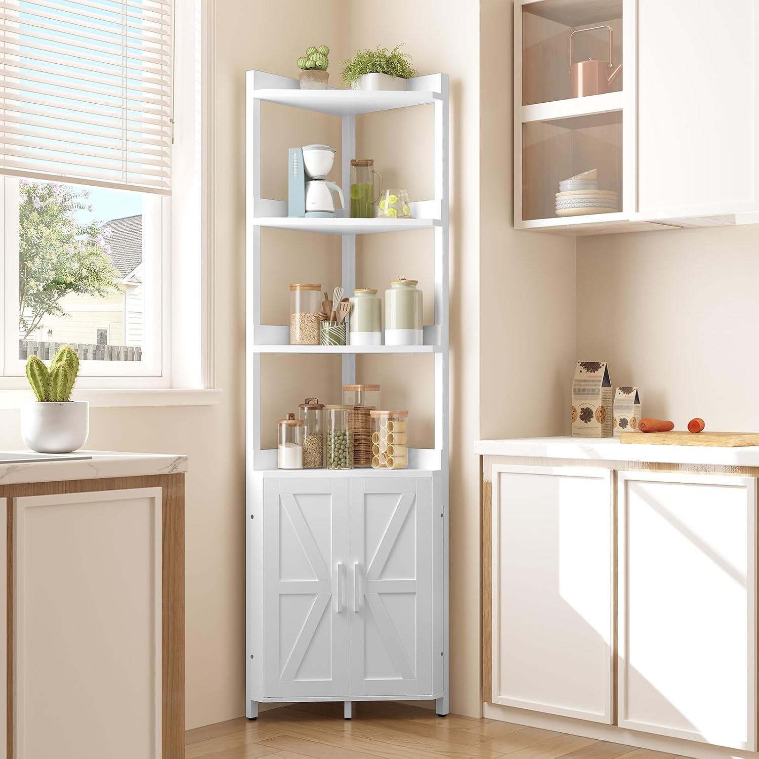 HOOBRO Corner Shelf with Storage, Tall Corner Cabinet, 5-Tier Bookshelf Stand, Storage Cabinet with Protective Fence, for Living Room, White WW78CJ01