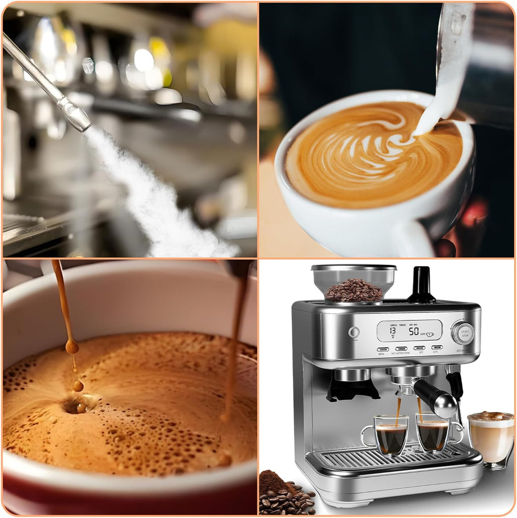 CABIHOME Espresso Machine with Built-in Grinder & Milk Frother, 15 Bar Pump, PID Temperature Control, Digital LCD Display, 8.8 oz Bean Hopper, Semi-Automatic Coffee Maker for Latte & Cappuccino