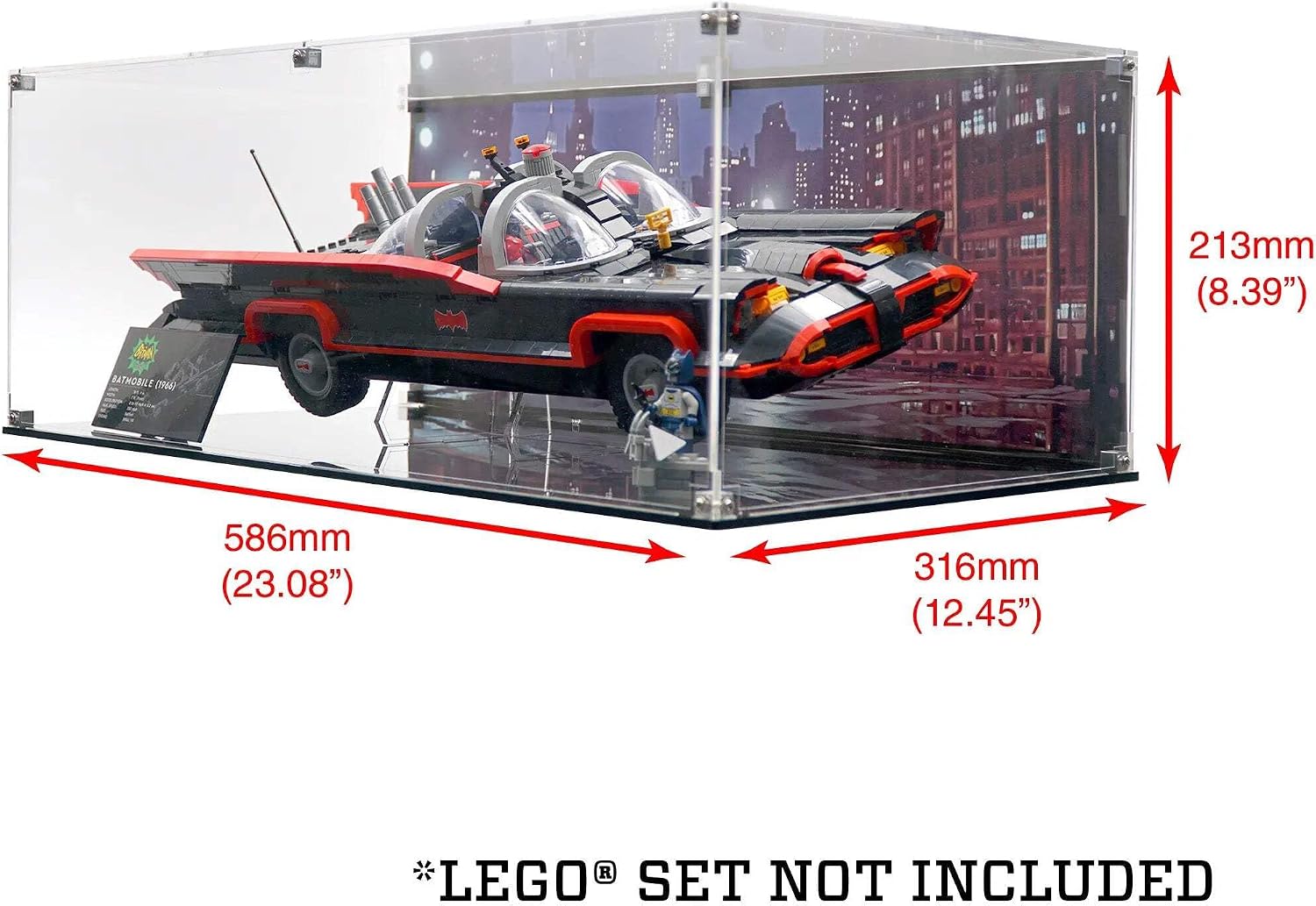 Display Case Compatible with Lego 76328 - Batman: The Classic TV Series Batmobile - Acrylic Dustproof Showcase with Pre-Printed Background - Set Not Included