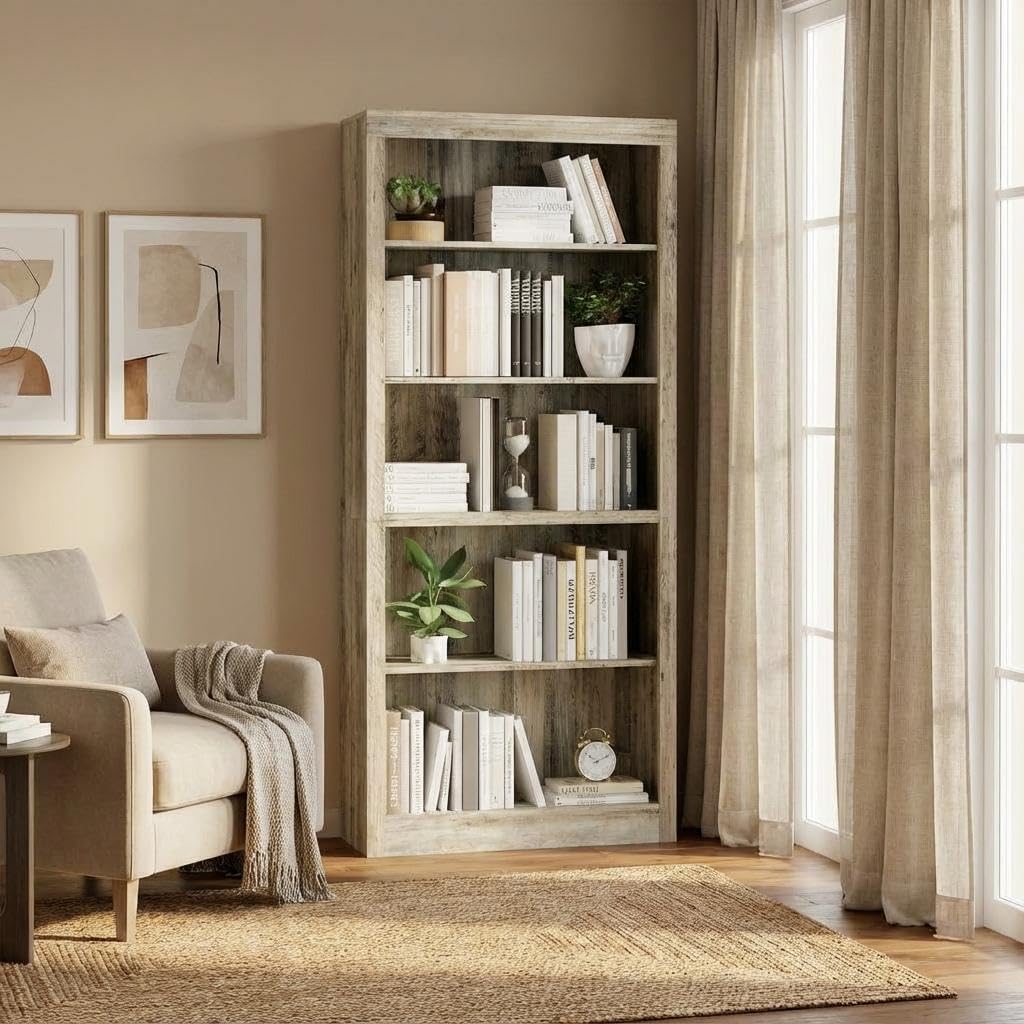 GarveeHome 71 in Tall Bookcase,Wooden Bookshelf with 5 Tiers, Modern Book Shelf in Ivory White, Floor Standing Display Shelves for Bedroom, Living Room and Office for Home