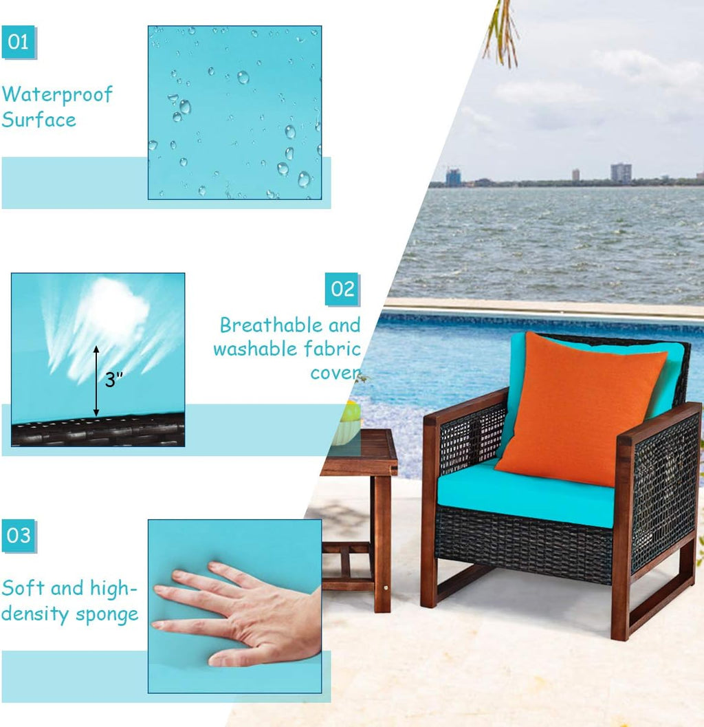 Tangkula 3 Pieces Patio Wicker Furniture Set, Rattan Outdoor Sofa Set w/Washable Cushion & Acacia Wood Coffee Table, Conversation Bistro Set for Garden Balcony Backyard (Turquoise)