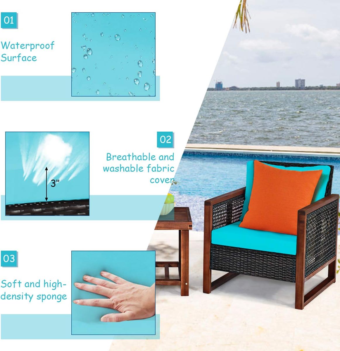 Tangkula 3 Pieces Patio Wicker Furniture Set, Rattan Outdoor Sofa Set w/Washable Cushion & Acacia Wood Coffee Table, Conversation Bistro Set for Garden Balcony Backyard (Turquoise)