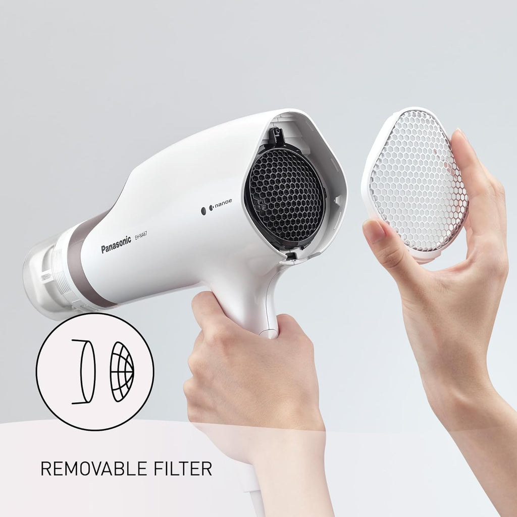 Panasonic Nanoe Salon Hair Dryer with Oscillating QuickDry Nozzle, Blow Dryer with Diffuser and Concentrator Attachments, 3 Speed Heat Settings for Easy Styling and Healthy Hair - EH-NA67-W (White)