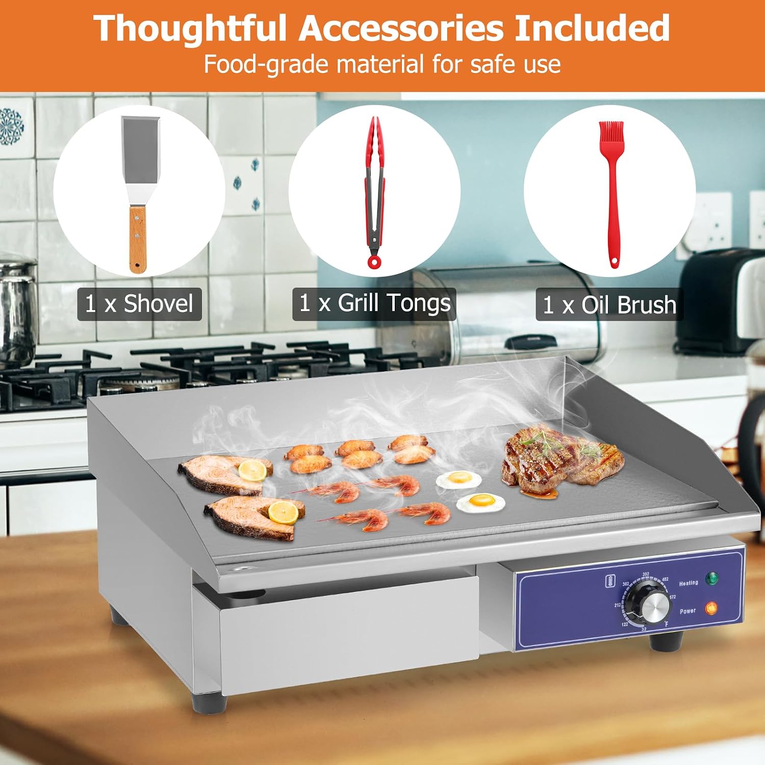 Happygrill 22' Commercial Electric Griddle, Stainless Steel Flat Top Grill w/Adjustable Temperature Control 122℉-572℉, Complete Accessories, 2000 W Electric Countertop Griddle for Kitchen Restaurant