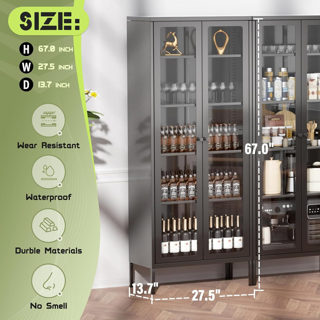 Crownland Metal Storage Cabinet with Glass Doors, Display Curio Glass Cabinet with 4 Adjustable Shelves, Tall Modern Office Storage Cabinets for Home Office, Living Room, Pantry(Black)