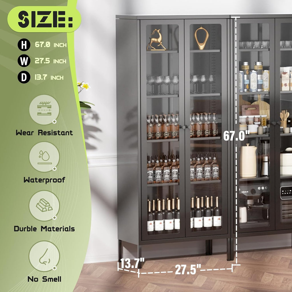 Oakcloud 67' Metal Glass Display Cabinet, Storage Cabinet for Collectibles, Curio, China, Books, Glass Doors Display Case with 4 Adjustable Shelves for Home Office, Living Room, Pantry (Black)
