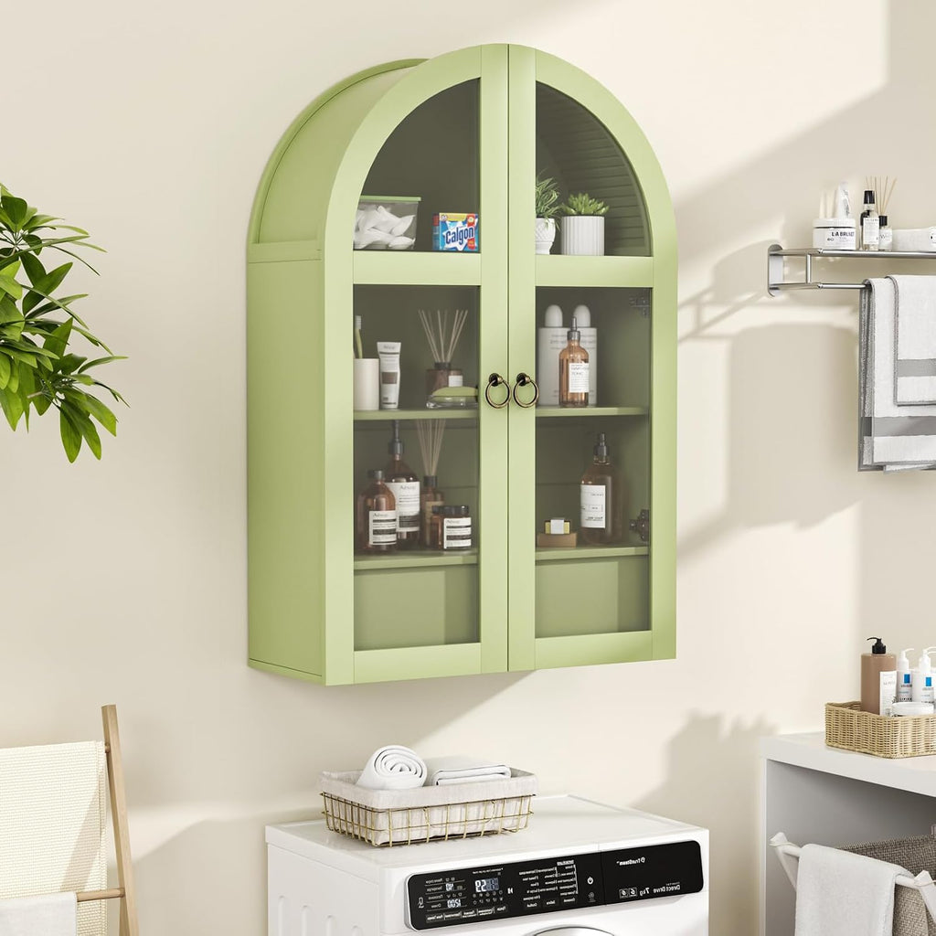 Medicine Cabinet with Tempered Glass Door, Arched Bathroom Wall Cabinet with Adjustable Shelf, for Kitchen, Living Room, Entryway, Laundry Room, Apartment, Office, Small Space, Green