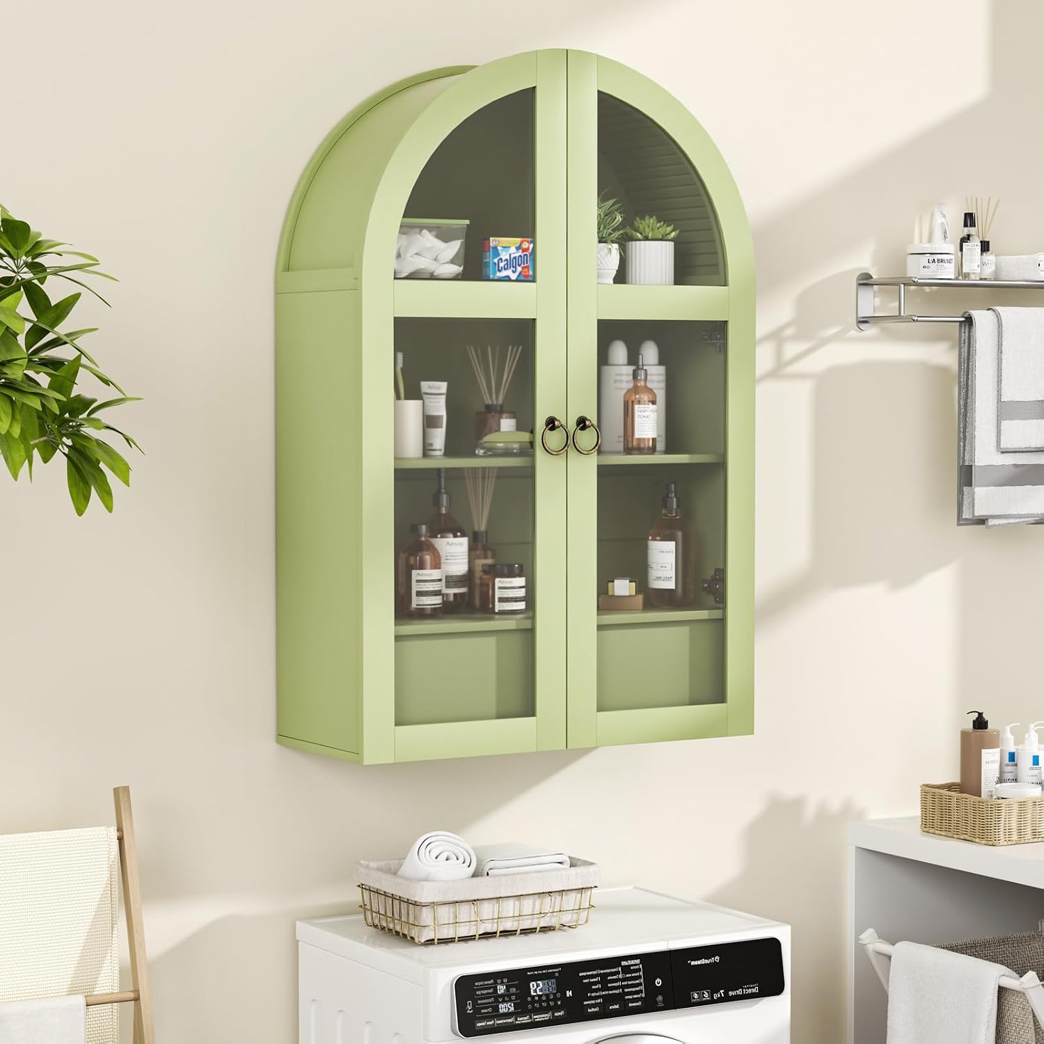 Medicine Cabinet with Tempered Glass Door, Arched Bathroom Wall Cabinet with Adjustable Shelf, for Kitchen, Living Room, Entryway, Laundry Room, Apartment, Office, Small Space, Green