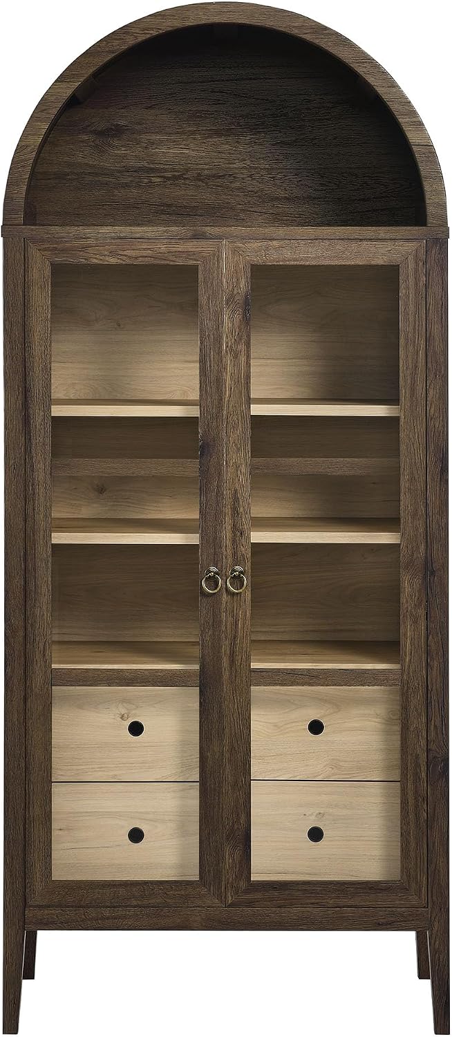Modway Nolan Modern Farmhouse 71 Inch Tall Arched Storage Display Cabinet in Walnut Hickory Wood Grain - 4-Tier Bookcase with Glass Doors and Shelves - Arch Accent Cabinet for Living Room
