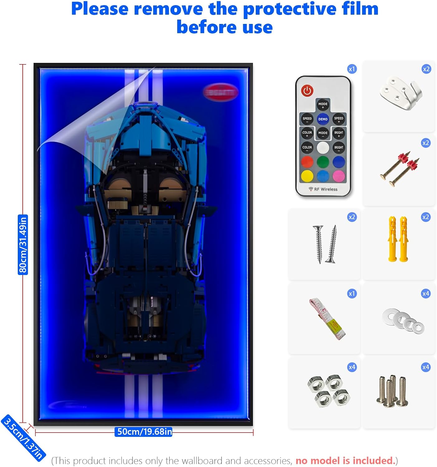 Display Wallboard with RGB LED Lights Compatible with Lego Technic Bugatti Chiron 42083 Race Car Building Kit and Engineering Toy - Adult Collectibles Wall Mount for Home or Office Décor