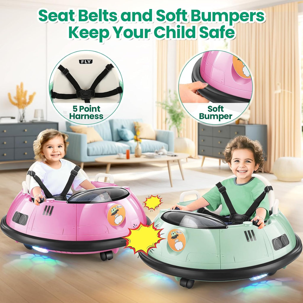 Hikole Baby Bumper Car with Remote Control, 12V Battery Powered Ride on Bumper Car for Toddler with 3 Speed, 360 Degree Spin, LED Lights, Safety Belt, Dual Joysticks, Green