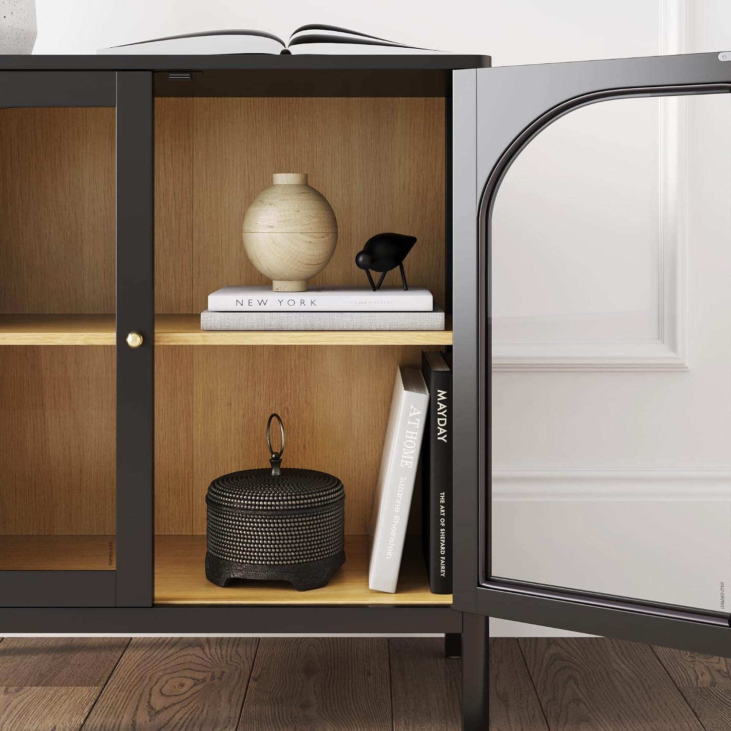 Nathan James Mason Storage Cabinet Accent Sideboard Buffet Credenza TV Stand with Glass Doors and Adjustable Shelf in Black Wood for Dining Room, Entryway and Living Room, Clear Glass/Black, Set of 2